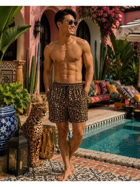 Jared Lang Leopard Print Swim Trunks Men’s Large Black Mesh Lined Safari Beach